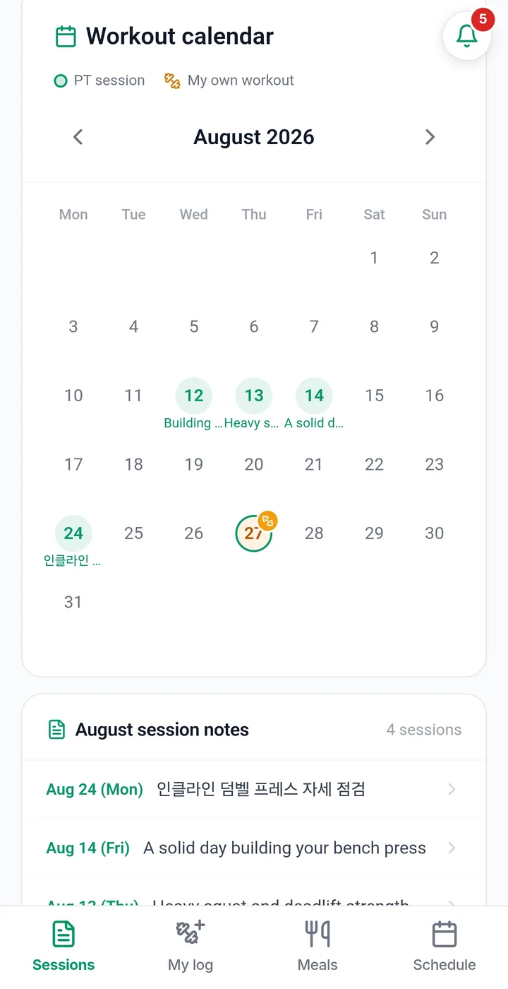 A client's workout calendar showing both coached sessions and solo workouts
