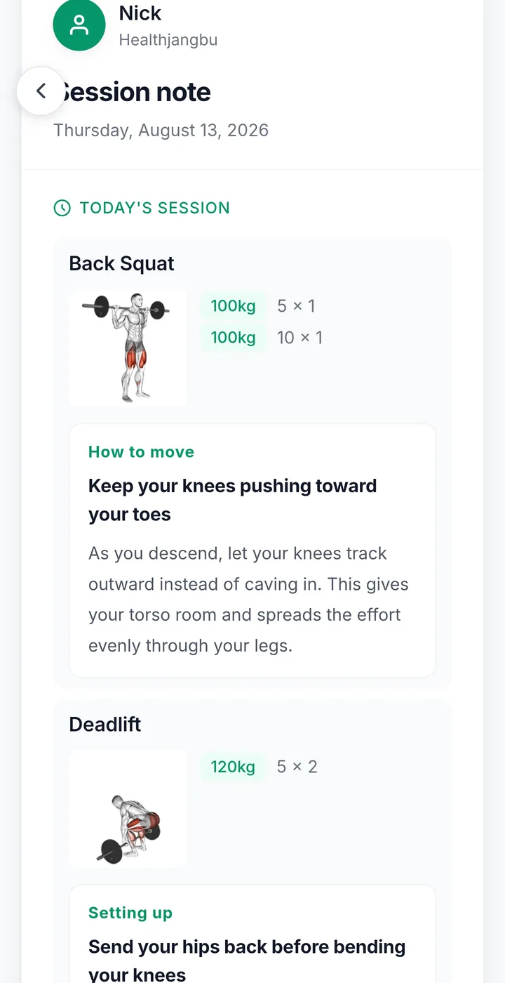 A session note on a client's phone — each exercise with its weight and sets, an animated demo, and the trainer's cues