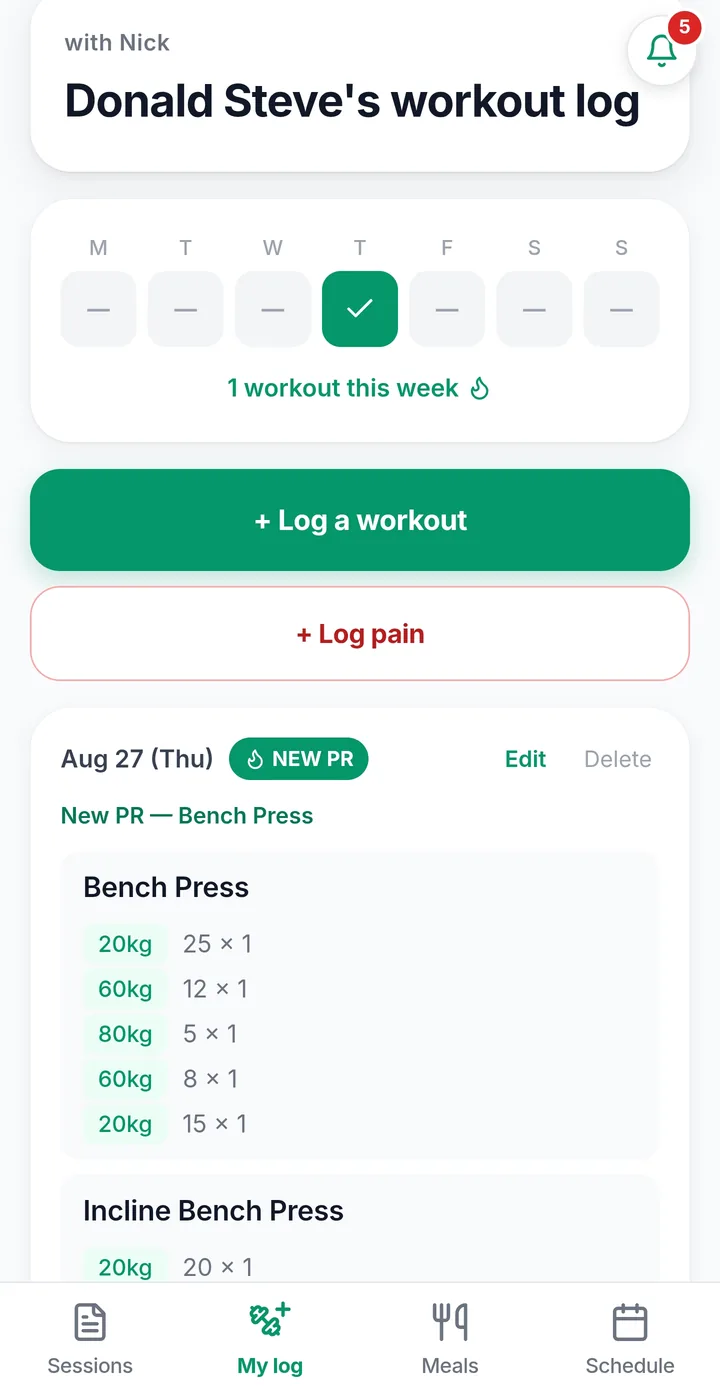 A workout a client logged on their own, with a personal-record badge
