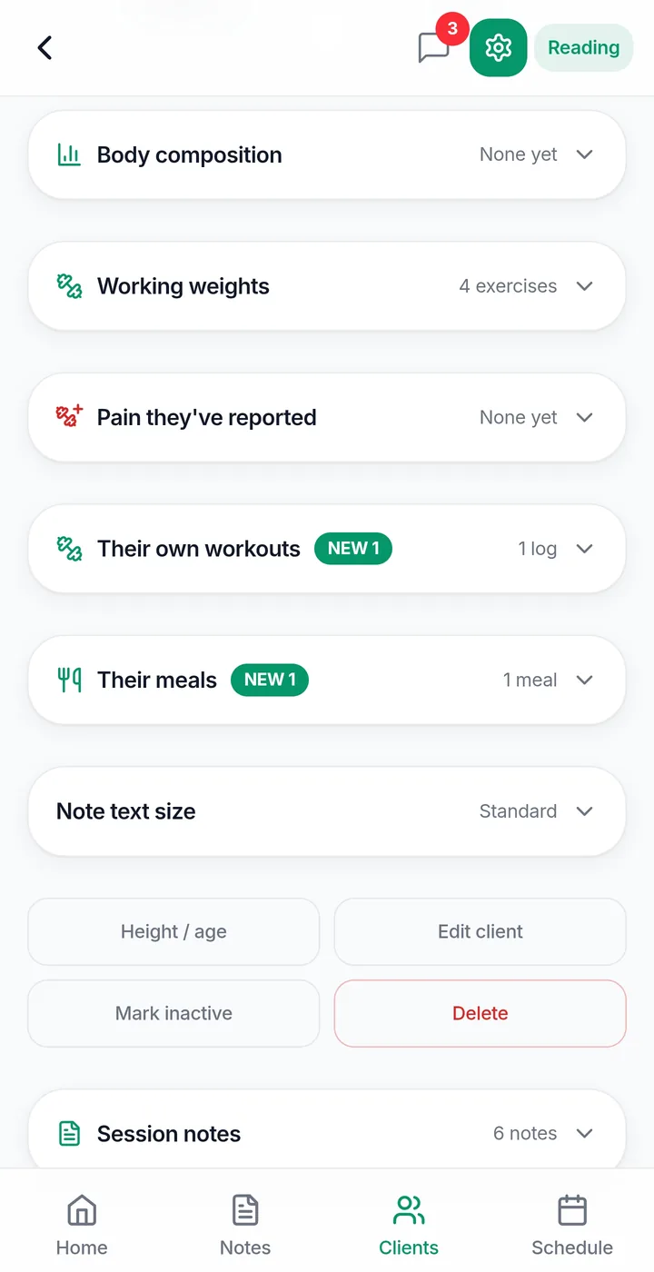 A client detail screen with body composition, working weights, reported pain, and the workouts and meals the client posted