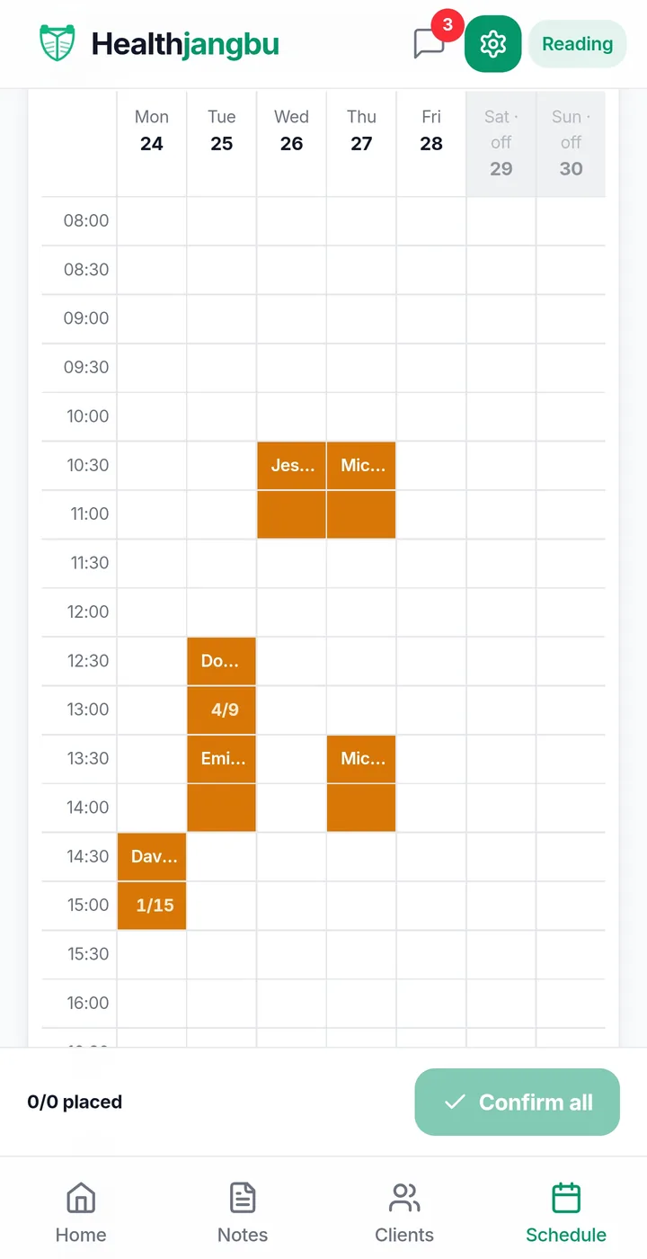 A trainer's weekly schedule grid with booked sessions and non-working days marked